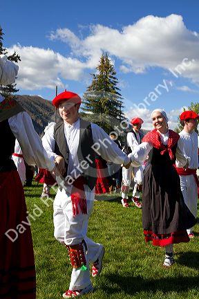 The Oinkari Basque Dancers perform at the Trailing of the Sheep Festival in Hailey, Idaho, USA.