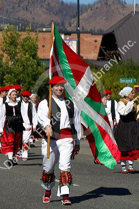 The Oinkari Basque Dancers participate in the Trailing of the Sheep Parade on Main Street in Ketchum, Idaho, USA.