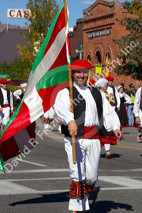 The Oinkari Basque Dancers participate in the Trailing of the Sheep Parade on Main Street in Ketchum, Idaho, USA.