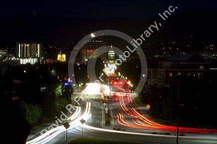 Capital Boulevard at night in Boise, Idaho, USA.
