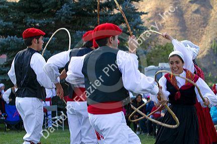 The Oinkari Basque Dancers perform at the Trailing of the Sheep Festival in Hailey, Idaho, USA.
