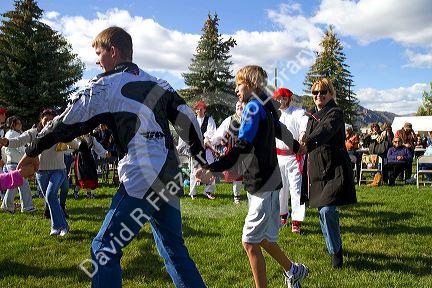 The Oinkari Basque Dancers perform at the Trailing of the Sheep Festival in Hailey, Idaho, USA.