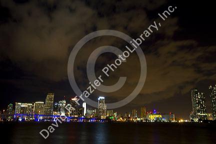 The skyline at night of downtown Miami, Florida, USA.