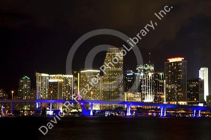 The skyline at night of downtown Miami, Florida, USA.