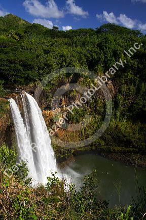 Wailua Falls located on the Wailua River in Wailua River State Park on the eastern side of the island of Kauai, Hawaii, USA.