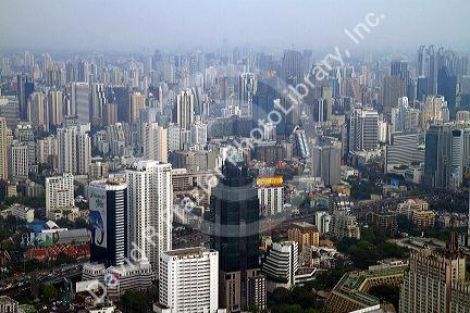 View of the Bangkok cityscape taken from the Baiyoke Tower II showing air pollution and smog, Thailand.