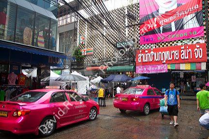 Pink taxi cabs in Bangkok, Thailand.