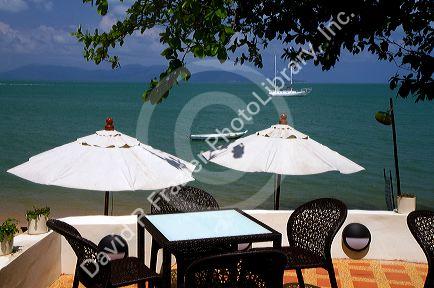 View of the Gulf of Thailand from a coffee shop patio on the island of Ko Samui, Thailand.