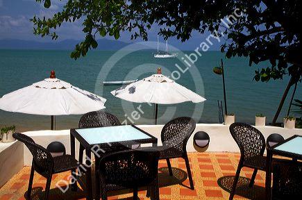 View of the Gulf of Thailand from a coffee shop patio on the island of Ko Samui, Thailand.