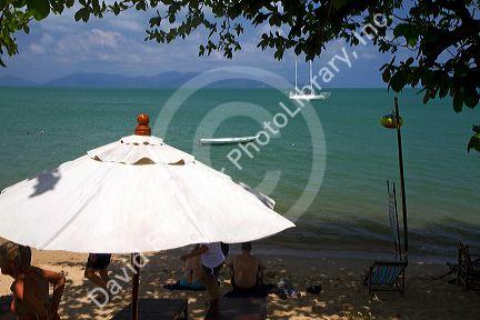 View of the Gulf of Thailand from a coffee shop patio on the island of Ko Samui, Thailand.