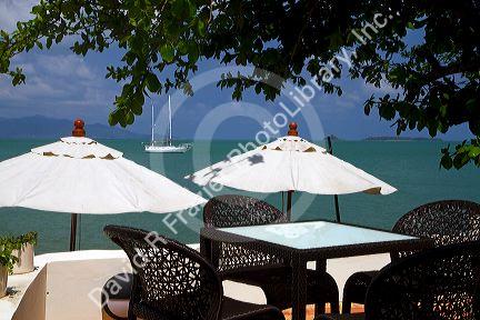 View of the Gulf of Thailand from a coffee shop patio on the island of Ko Samui, Thailand.