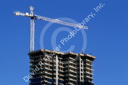 A crane used for construction on a highrise building in San Diego, California.