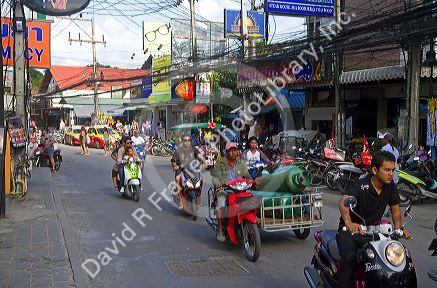 Street scene at Chaweng beach village on the island of Ko Samui, Thailand.