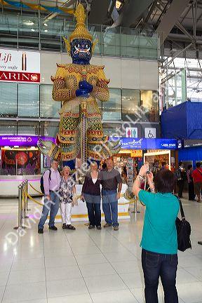 Buddhist mythology yaksa guard at the Suvarnabhumi Airport also known as the New Bangkok International Airport in Bangkok, Thailand.