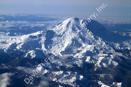 View of Mount Rainier taken from an airplane window.