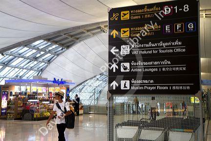 Signage at the Suvarnabhumi Airport also known as the New Bangkok International Airport in Bangkok, Thailand.