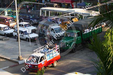 Traffic on the street in (Rangoon) Yangon, (Burma) Myanmar.