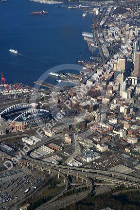 View from an airplane window of Elliott Bay and Seattle, Washington, USA.
