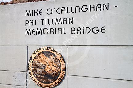 A marker at the Mike O' Callaghan - Pat Tillman Memorial Bridge located in the Lake Mead National Recreation Area, Clark County, Nevada and Mohave County, Arizona, USA.