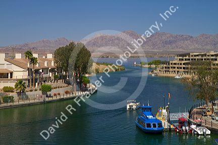 Motor boats on Lake Havasu at Lake Havasu City, Arizona, USA.