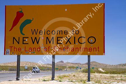 Welcome to New Mexico road sign located along interstate 10 on the Arizona, New Mexico state border, USA.