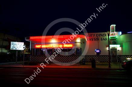 City Diner with lights at night in Corpus Christi, Texas, USA.