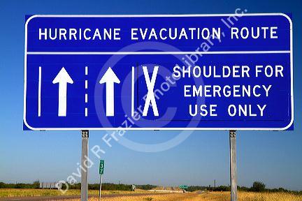 Hurricane evacuation route road sign along Interstate 37 near Corpus Christi, Texas, USA.