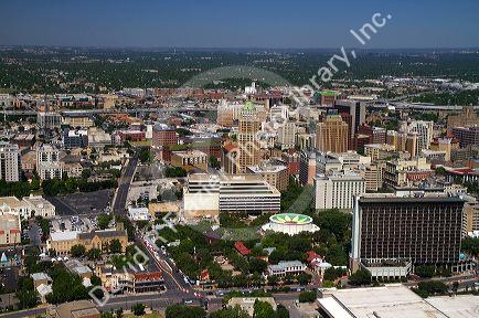 Aerial view of downtown San Antonio from the Tower of the Americas located in the middle of HemisFair Park in San Antonio, Texas, USA.