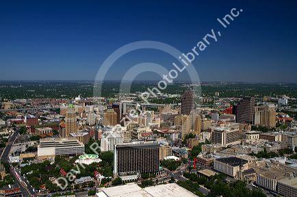 Aerial view of downtown San Antonio from the Tower of the Americas located in the middle of HemisFair Park in San Antonio, Texas, USA.
