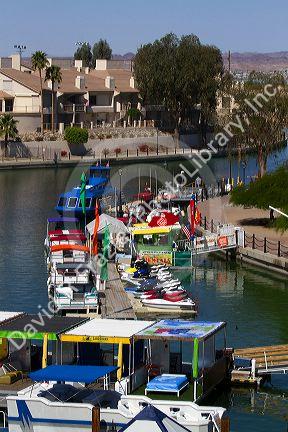 Motor boats on Lake Havasu at Lake Havasu City, Arizona, USA.