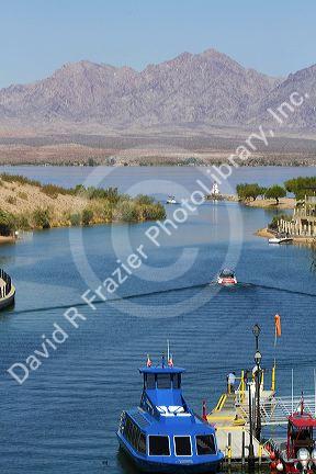 Motor boats on Lake Havasu at Lake Havasu City, Arizona, USA.