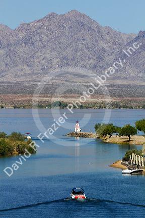 Motor boats on Lake Havasu at Lake Havasu City, Arizona, USA.