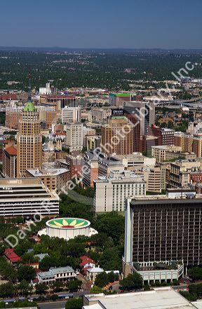 Aerial view of downtown San Antonio from the Tower of the Americas located in the middle of HemisFair Park in San Antonio, Texas, USA.