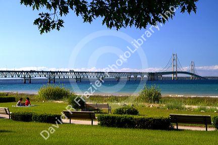 The Mackinac Bridge spanning the Straits of Mackinac connecting the Upper and Lower peninsulas of Michigan, USA.