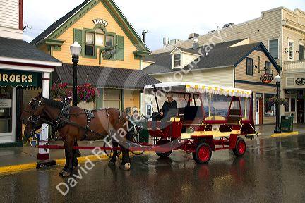 Horse drawn taxi on Mackinac Island located in Lake Huron, Michigan, USA.