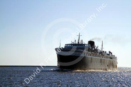The SS Badger coal-fired passenger and vehicle ferry on Lake Michigan at Ludington, Michigan, USA.