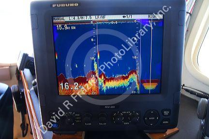 Charter fishing boat display of a fish finder/depth finder sonar in the Pacific Ocean, Oregon, USA.