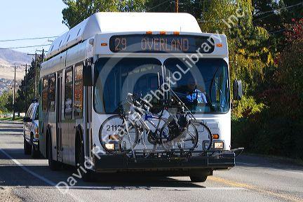 Public city bus with a front bicycle rack in Boise, Idaho, USA.