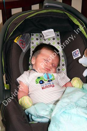 Newborn baby in a car seat, Boise, Idaho, USA. MR