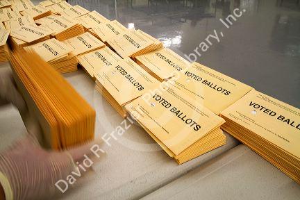 Absentee ballots being sorted and prepared for recording at the Ada County Elections building in Boise, Idaho, USA.