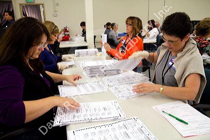 Ada County Elections workers prepare ballots for scanning and tabulation on election day in Boise, Idaho, USA.