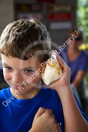 Eight year old boy listening to the ocean in a sea shell at John's Pass, Florida, USA.