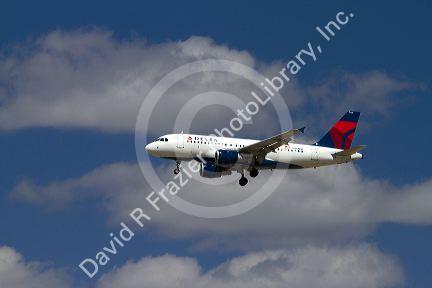 Delta Airbus 319 landing at the Boise Airport, Idaho, USA.