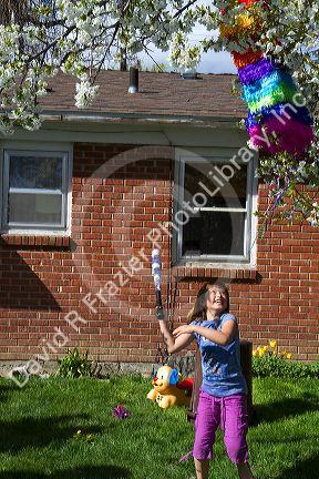 Children hitting a pinata at a hispanic childs birthday party in Boise, Idaho, USA.