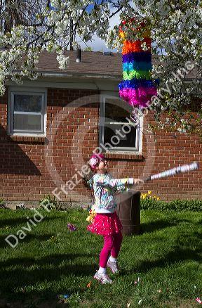 Children hitting a pinata at a hispanic childs birthday party in Boise, Idaho, USA.