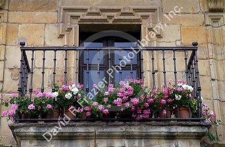 Veranda decorated in flowers at Santillana del Mar, Cantabria, Spain.
