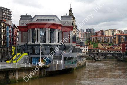 Exterior of the Mercado de al Ribera along the Nervion River at Bilbao, Biscay, Spain.