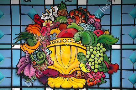 Stained glass window in the Mercado de al Ribera along the Nervion River at Bilbao, Biscay, Spain.