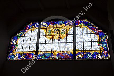 Stained glass window in the Mercado de al Ribera along the Nervion River at Bilbao, Biscay, Spain.