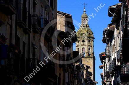 Bell tower of the Church of Santiago el Mayor at Puente La Reina a Basque town along the Way of St. James pilgrimage route, Navarra, Spain.